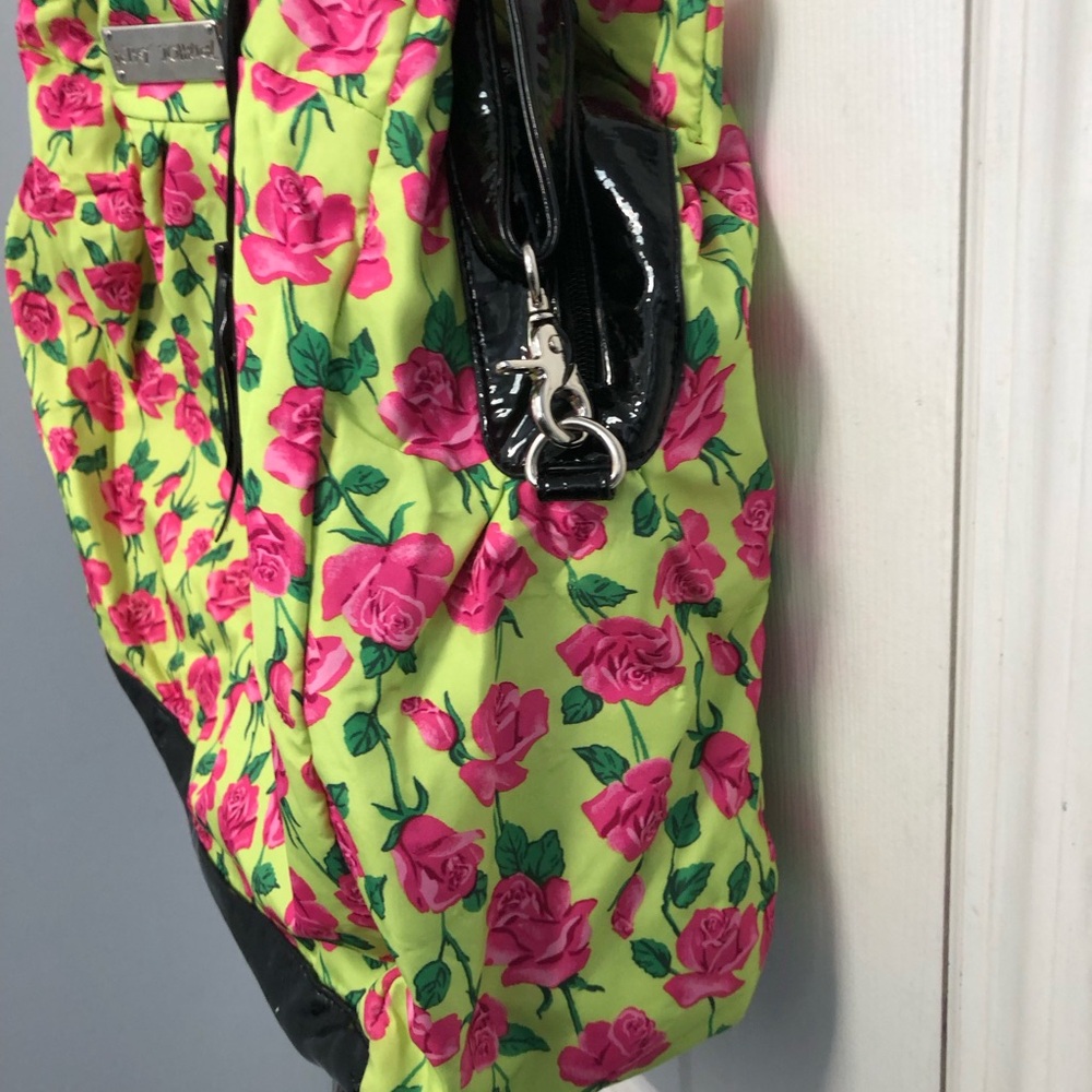 Betsey Johnson Floral Tote Bag Large Black Trim Pink Roses Neon - Picture 6 of 16